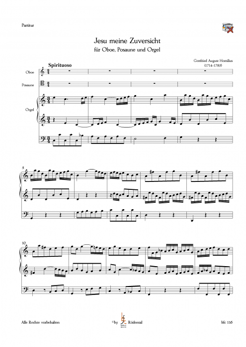 Homilius, Gottfried August - "Jesu meine Zuversicht" für Oboe, Posaune und Orgel